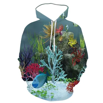 3D Пролет-Есен Нова Мъжки Hoody с Принтом Морски живот, Синя Океанская Риба, Малка Прясна Модни Адаптивни Hoody за родители и деца