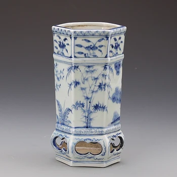 #9 Антични порцеланова ваза QingDynasty, бяла и синя, Бор, Бамбук и сливови, рисувани изделия, Събиране и Украса, Безплатна доставка