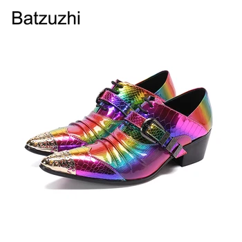 Batzuzhi/мъжки обувки са ръчно изработени в стил рок, кожени модела обувки с остър златист метално бомбе, мъжки модни вечерни и булчински обувки дантела