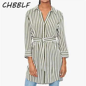 CHBBLF дамски елегантен раирана блуза с отложным яка стилни дамски ризи с колан шик облекло потници O9235