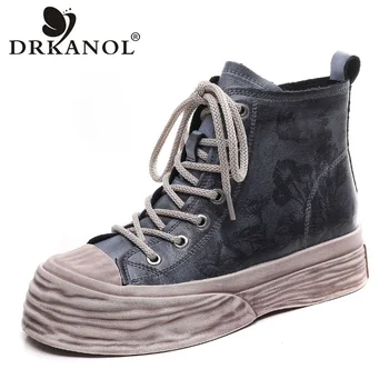 DRKANOL/Марковите дамски обувки; колекция 2022 г.; Модни Есенни Ботильоны от естествена кожа, с Кръгли пръсти и Принтом На равна платформа ; Дамски Ежедневни Обувки