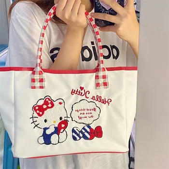 Hello Kitty Bag Бродирана Чанта-Тоут Сладко Момиче Студентски Парти Голяма Чанта Голям Сладко Чанта За Книги Чанта За Съхранение На Играчки Чанта За Лаптоп