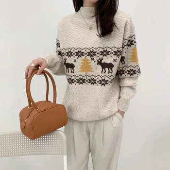 Li zhi иии половината turtlenecks пуловери свободни фини модни жакард възли коледни горна дреха без хастар на палто