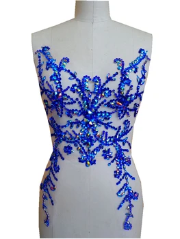 ZBROH Чиста ръчна работа ослепителен тъмно синьо шият Кристали апликация кристали ивици 49*31 cm рокля аксесоар