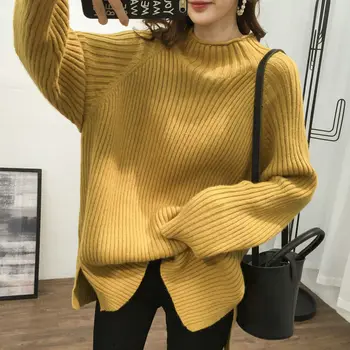 ZCSMLL в Есенно-зимната корейската версия на свободно дебели пуловери с полувысоким деколте, женски тънък пуловер със средна дължина, връхни дрехи, пуловер с дъното