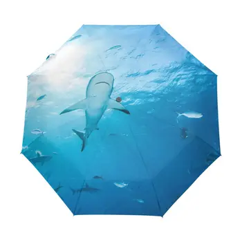 Акула Риба в Океана Анти-UV Покритие Женски Чадър От Дъжд Чадър Автоматичен Три Сгъваеми Открит Преносим Чадър Parapluie