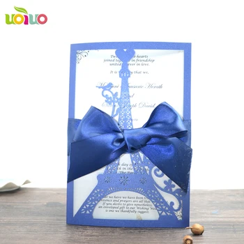 безплатна доставка Прекрасна синя Айфеловата Кула поръчка на покани, картички за рожден ден лазерно рязане на лента за декорация на сватбени покани, картички
