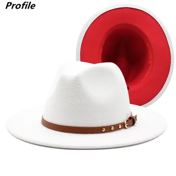 Бяла и червена фетровая шапка с аксесоари, шапка унисекс, джаз шапка, есенно-зимна шапка, цена на едро Дамски шапка