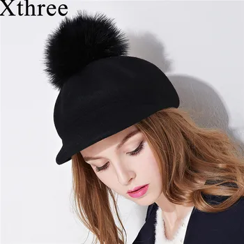 Дамски вълнена осмоъгълна капачка Xthree, зимна шапка с козирка, модна шапка с помпоном от страусиного кожа