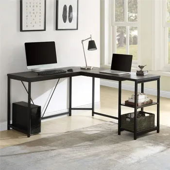 За домашния офис Вкусен / кафяв L-образна компютърна маса с 2-ярусными рафтове за съхранение
