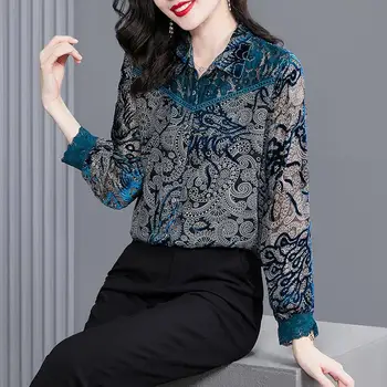 Кадифе дамска блуза с дълги ръкави, есен и пролет 2023, новата европейска ежедневна блуза с отложным яка, дамски дрехи, блузи