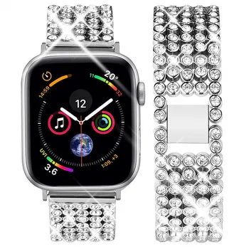 Каишка За Часовник с Диаманти Rhinstone За Apple iWatch Series 6 SE 5 4 3 2 44 42 40 38 мм Метална каишка гривна от неръждаема стомана каишка за часовник