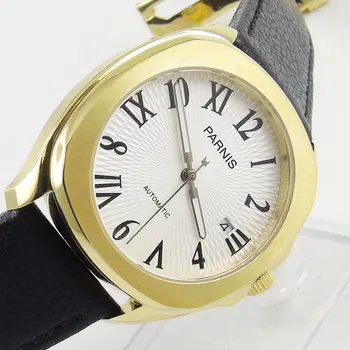 Луксозни златни часовници Parnis Япония Miyota8215 механизъм за самостоятелно ликвидация за мъже квадратни ръчен часовник бял циферблат дисплей дата кожена каишка