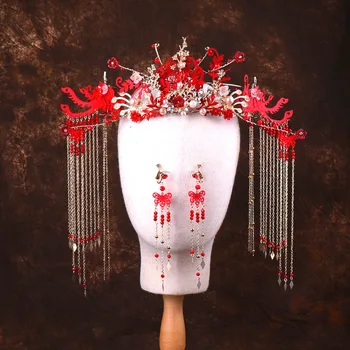 Сватбена С Костюм Червени диадеми С Пискюли Нов Вечеря в Китайски Стил сватбени Аксесоари За Коса