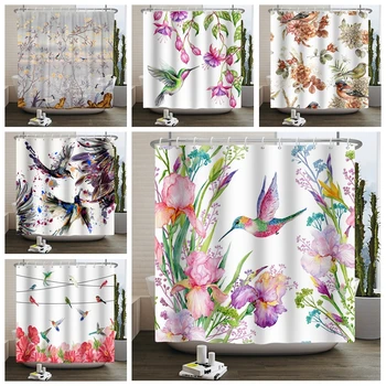Цветя и птици завеси за душ китайски стил пеперуда завеса баня водоустойчива материя вана екран, баня с декор куки