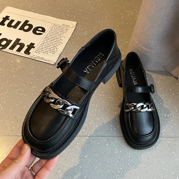 Черни дамски обувки на нисък ток, с кръгло бомбе, 2022, сладки обувки на висок ток с катарама на щиколотке от изкуствена кожа, дамски обувки в японски стил с катарама в стил Лолита